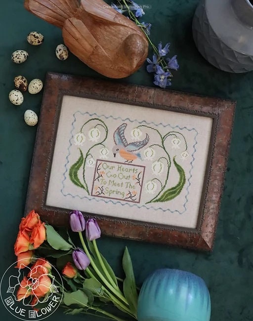 THE BLUE FLOWER "Our Hearts Go Out" Counted Cross Stitch Pattern, Chart, Lily of the Valley Flower, Bird, Pattern Only