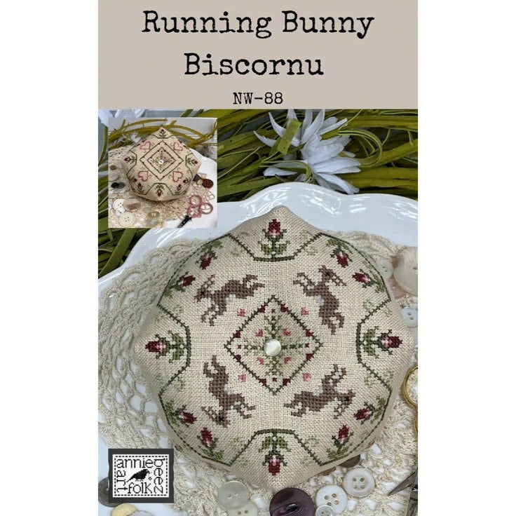 ANNIE BEEZ FOLK ARt "Running Bunny Biscornu" Counted Cross Stitch Pattern, Chart, Nashville 2022 Market Release, Pattern Only