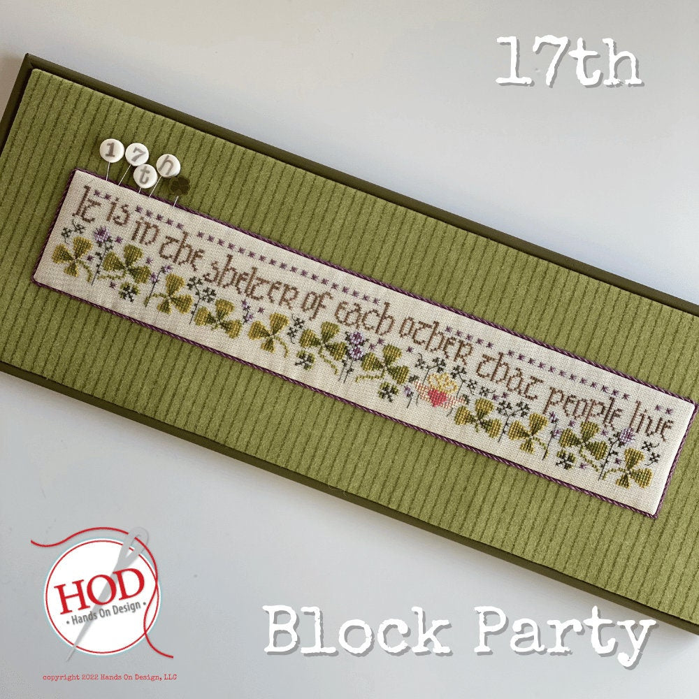 HANDS ON DESIGN "Block Party - 17th" Counted Cross Stitch Pattern, Set of Pins & Wool Kit
