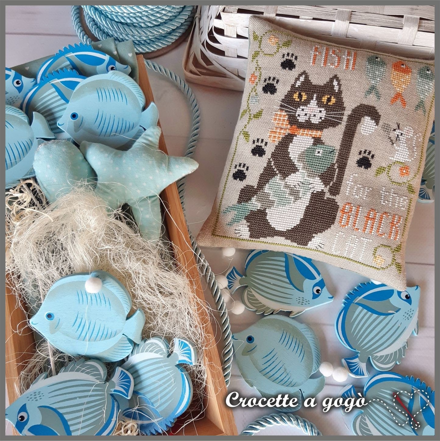 The Little Cat! by CROCETTE A GOGO  Counted Cross Stitch Pattern  Spring, Fish, Black Cat, Pattern Only