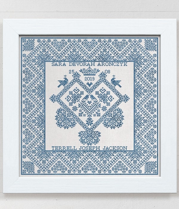 Modern Folk Embroidery "The Crowned Heart: A Wedding Sampler" Counted Cross Stitch Pattern, Monochromatic, Fully Customizable, Pattern Only