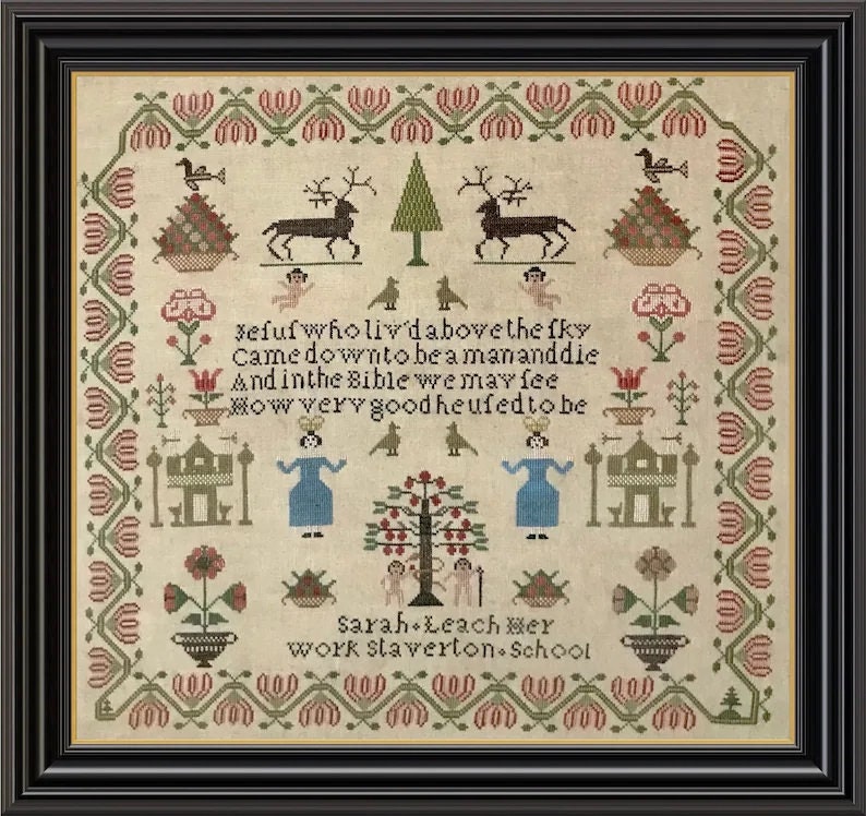 MERRY WIND FARM "Sarah Leach ~ c. 1861 Staverton School"  Counted Cross Stitch Pattern  Chart  English Schoolgirl Sampler  Pattern Only