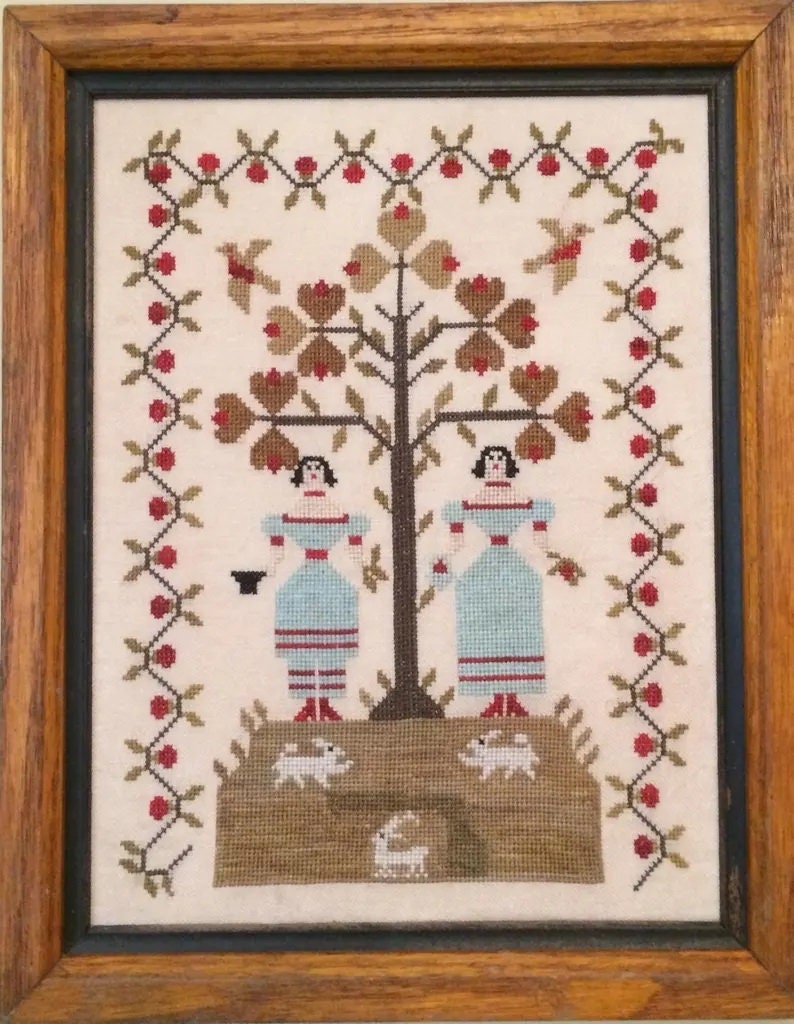 MERRY WIND FARM "Girls in Blue Dresses"  Counted Cross Stitch Pattern  Chart  Reproduction Sampler  Pattern Only