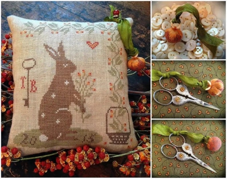 SCATTERED SEED SAMPLERS "Humble Gatherings"  Primitive Counted Cross Stitch Pattern  Spring, Rabbit, Basket, Key, Flowers, Pattern Only