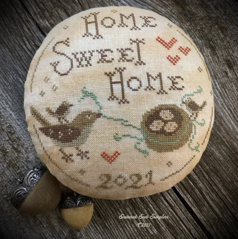 SCATTERED SEED SAMPLERS "Home Sweet Home Pinkeep" Counted Cross Stitch Pattern, PinKeep, Chart, Spring, Bird Nest, Pattern Only