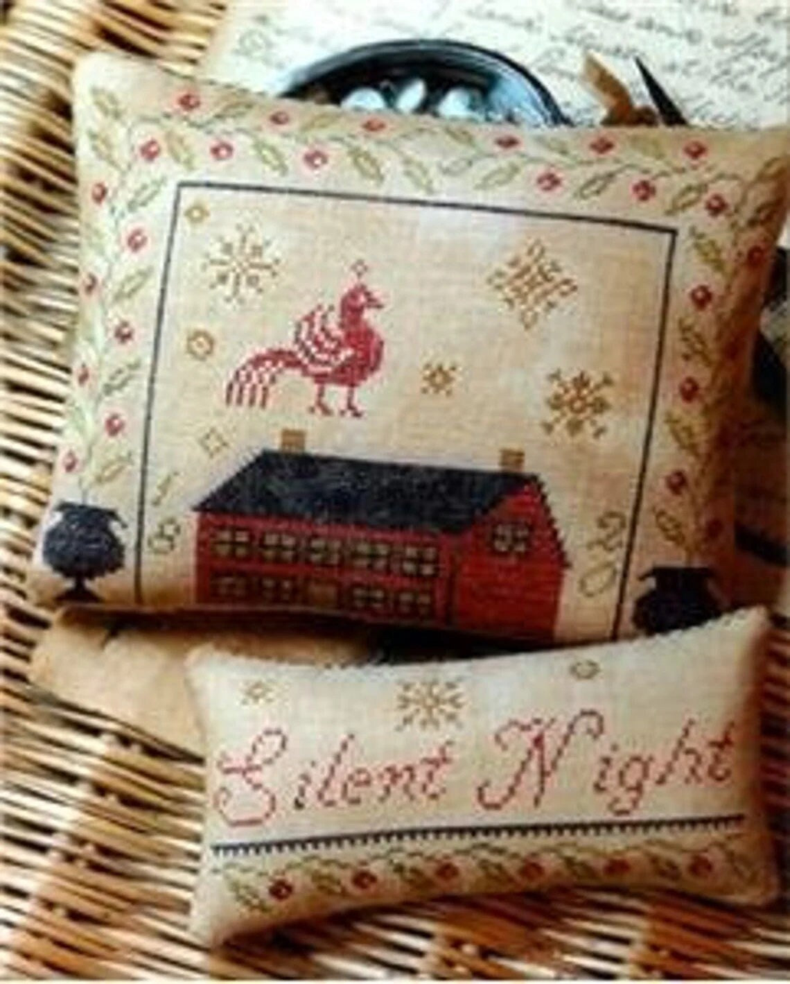 STACY NASH PRIMITIVES "Silent Night Pinkeep & Ornament" Counted Cross Stitch Pattern, Red Bird, Chart, Pattern Only