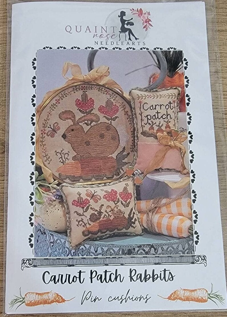 QUAINT ROSE NEEDLEARTS "Carrot Patch Rabbits" Counted Cross Stitch Pattern, Pincushion, Chart,