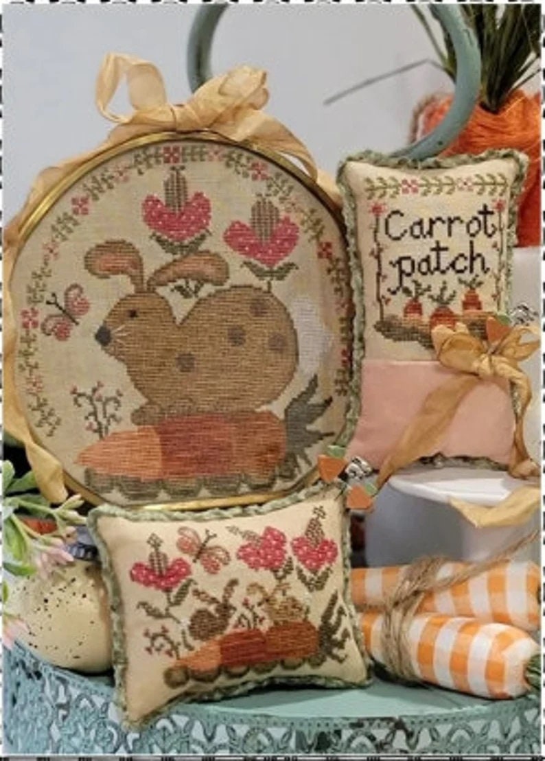 QUAINT ROSE NEEDLEARTS "Carrot Patch Rabbits" Counted Cross Stitch Pattern, Pincushion, Chart,