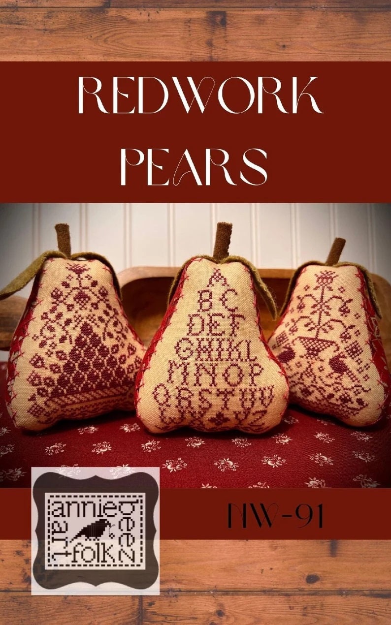 ANNIE BEEZ Folk Art "Redwork Pears" Counted Cross Stitch Pattern, Chart, Pattern Only