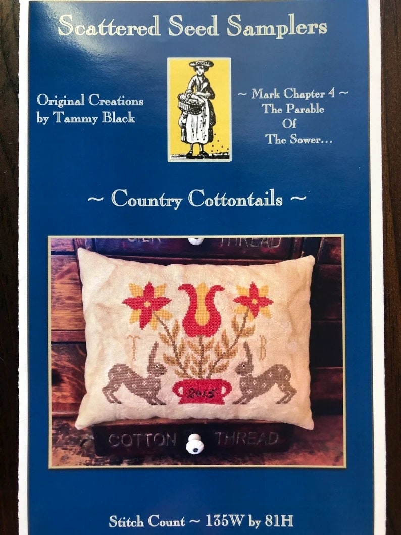 SCATTERED SEED SAMPLERS "Country Cottontails" Counted Cross Stitch Pattern, Pin Keep, Chart, Spring, Rabbits, Pattern Only
