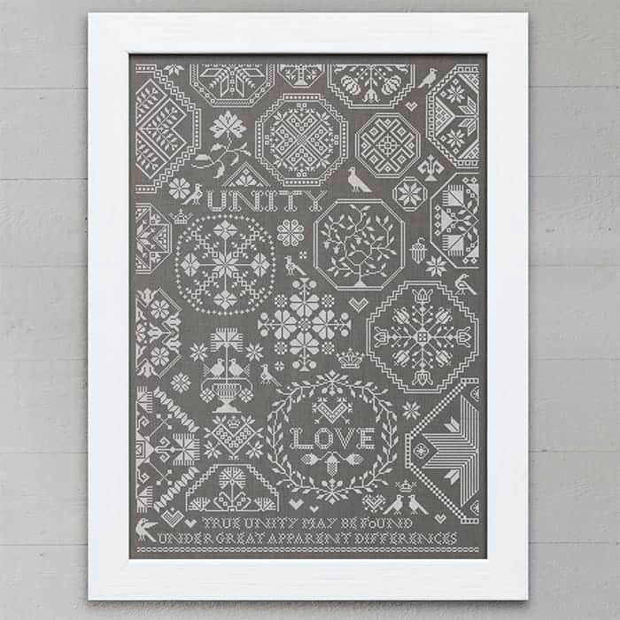 MODERN FOLK EMBROIDERY "Love & Unity: A Quaker Sampler" Counted Cross Stitch Pattern, Inspiring Words, Medallion Sampler, Pattern Only