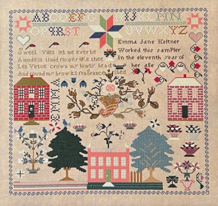 QUEENSTOWN SAMPLER DESIGNS "Emma Jane Keltner c. 1847" Counted Cross Stitch Pattern, Chart, Reproduction Sampler, Pattern Only