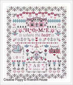 RIVERDRIFT HOUSE NEEDLEWORK "Home Is Where the Heart Is" Counted Cross Stitch Pattern, Sampler, Country House, Peacock, Lovebirds