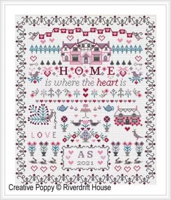 RIVERDRIFT HOUSE NEEDLEWORK "Home Is Where the Heart Is" Counted Cross Stitch Pattern, Sampler, Country House, Peacock, Lovebirds