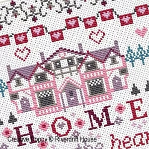 RIVERDRIFT HOUSE NEEDLEWORK "Home Is Where the Heart Is" Counted Cross Stitch Pattern, Sampler, Country House, Peacock, Lovebirds