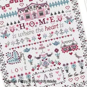 RIVERDRIFT HOUSE NEEDLEWORK "Home Is Where the Heart Is" Counted Cross Stitch Pattern, Sampler, Country House, Peacock, Lovebirds