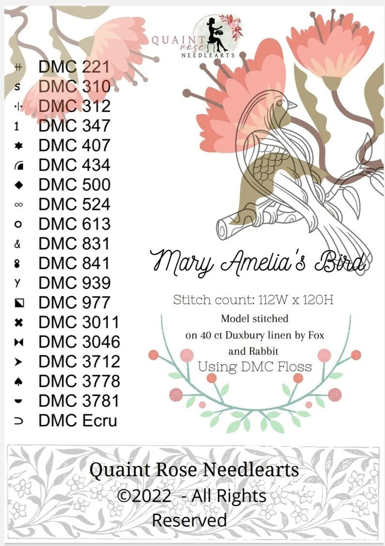 QUAINT ROSE NEEDLEARTS "Mary Amelia's Bird" Counted Cross Stitch Pattern, Sampler, Chart, Pattern Only