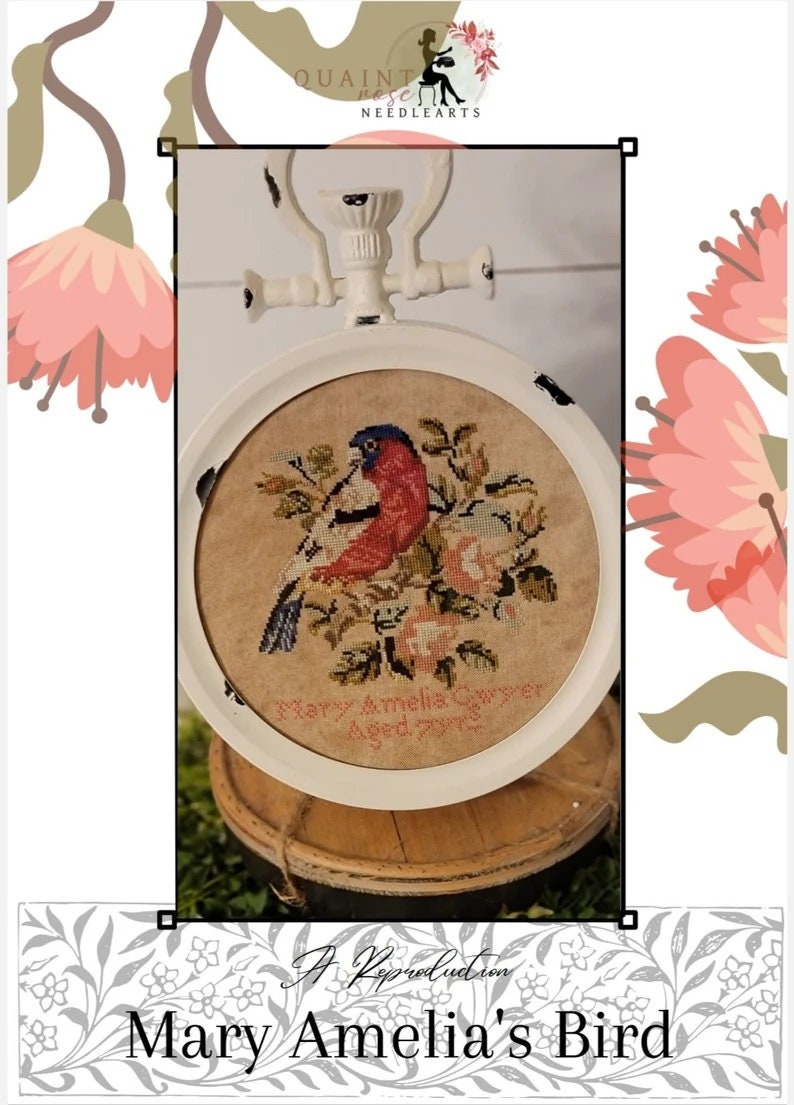 QUAINT ROSE NEEDLEARTS "Mary Amelia's Bird" Counted Cross Stitch Pattern, Sampler, Chart, Pattern Only