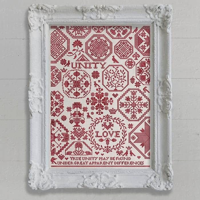 MODERN FOLK EMBROIDERY "Love & Unity: A Quaker Sampler" Counted Cross Stitch Pattern, Inspiring Words, Medallion Sampler, Pattern Only