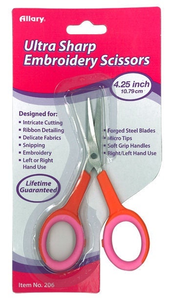 ALLARY “Ultra Sharp Pink Embroidery Scissors 4.25" Pink, Forged Stell Blades, Micro Tips, Soft Grip Handles