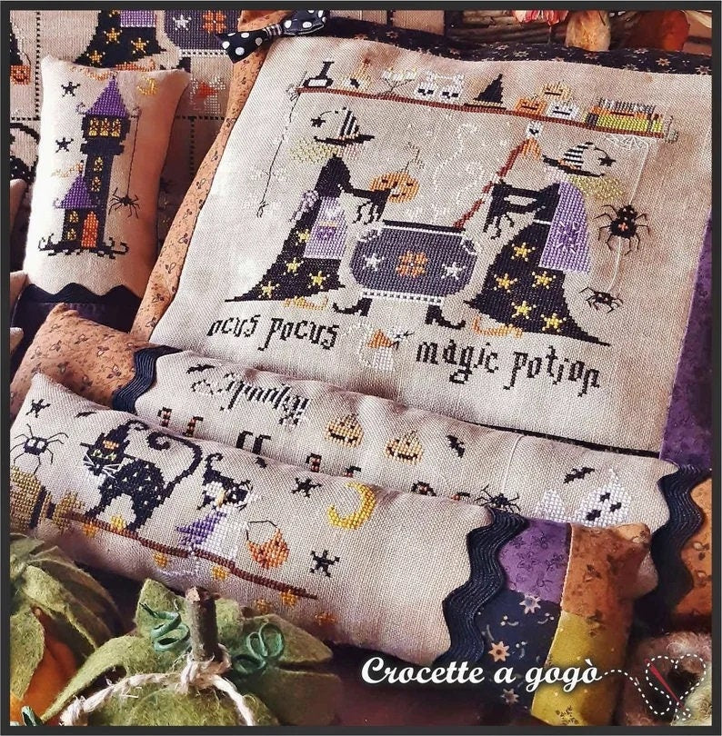 Crocette A Gogo  "Waiting For Halloween"  Counted Cross Stitch Chart  10 Patterns  Black Cat, Witches, Ghosts, Pattern Only