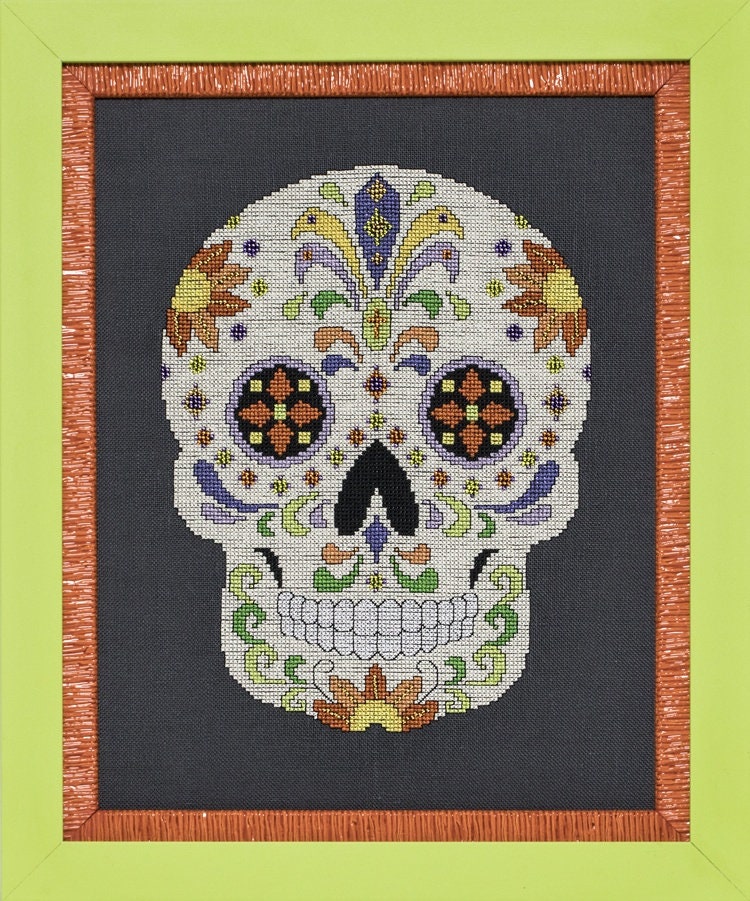 GLENDON PLACE "Sugar Skull No. 2" Cross Stitch Pattern KIT (Chart, Thread Pack & Embellishment Pack) Day of the Dead Collection