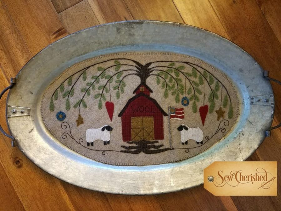 Sew Cherished "Wool Barn KIT"  Includes Wool Applique Pattern, 100% Hand-Dyed Wool  Finished Size 21" x 12"  Sheep, Red Barn, Americana