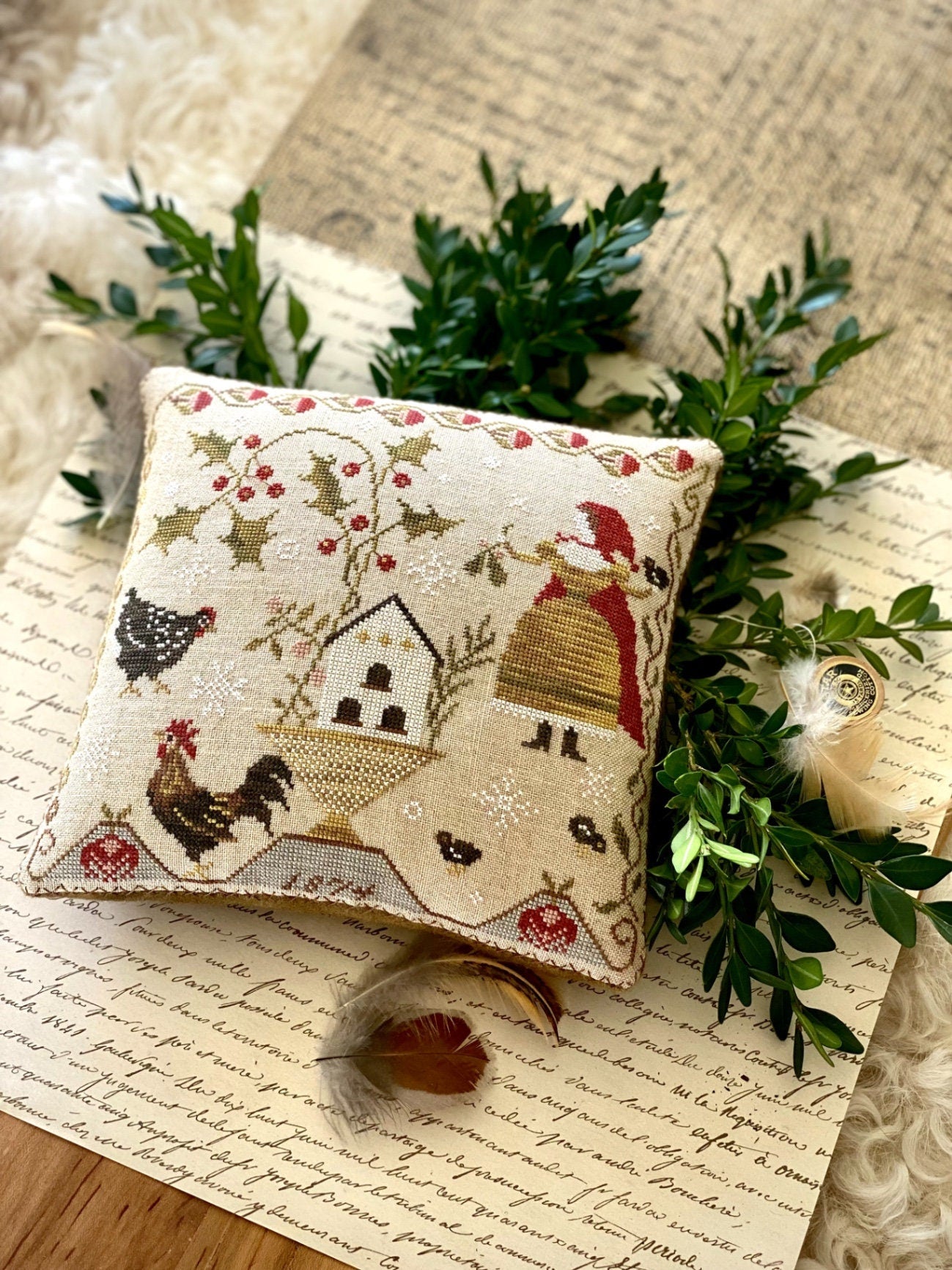 STACY NASH PRIMITIVES "Deck The Coop Pinkeep"  Counted Cross Stitch Pattern, 2022 Needlework Expo, Christmas, Chickens, Pattern Only