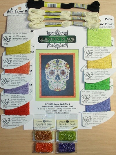 GLENDON PLACE "Sugar Skull No. 2" Cross Stitch Pattern KIT (Chart, Thread Pack & Embellishment Pack) Day of the Dead Collection