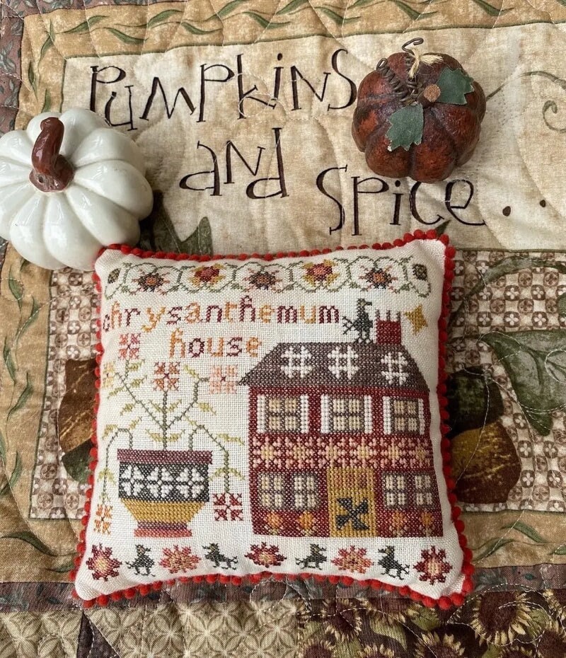 Pansy Patch Quilts and Stitchery "Chrysanthemum House" Counted Cross Stitch Pattern, Autumn, Pattern Only