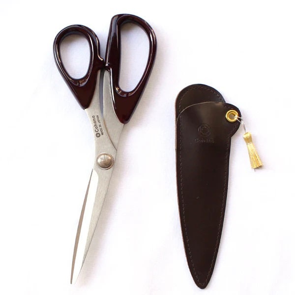 COHANA “Seki Sewing Shears w Tamenuri (Brown) Lacquered Handles ~ Golden Tassel, Stainless Steel Blades w Leather Case, Scissors, Japan