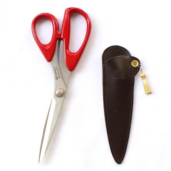 COHANA “Seki Sewing Shears w Shunuri (Red) Lacquered Handles~ Golden Tassel, Stainless Steel Blades w Leather Case, Scissors Made In Japan