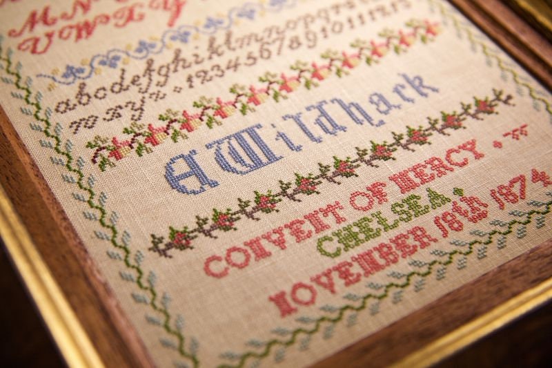 Hands Across The Sea Samplers  "Emily Wildhack 1874"  English Reproduction Sampler  Counted Cross Stitch Pattern  Printed Booklet