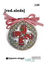 Just Another Button Company "Red Sleds" Counted Cross Stitch Pattern + Button Pack, Square-Ology, Christmas, Skates, Holidays, HOD