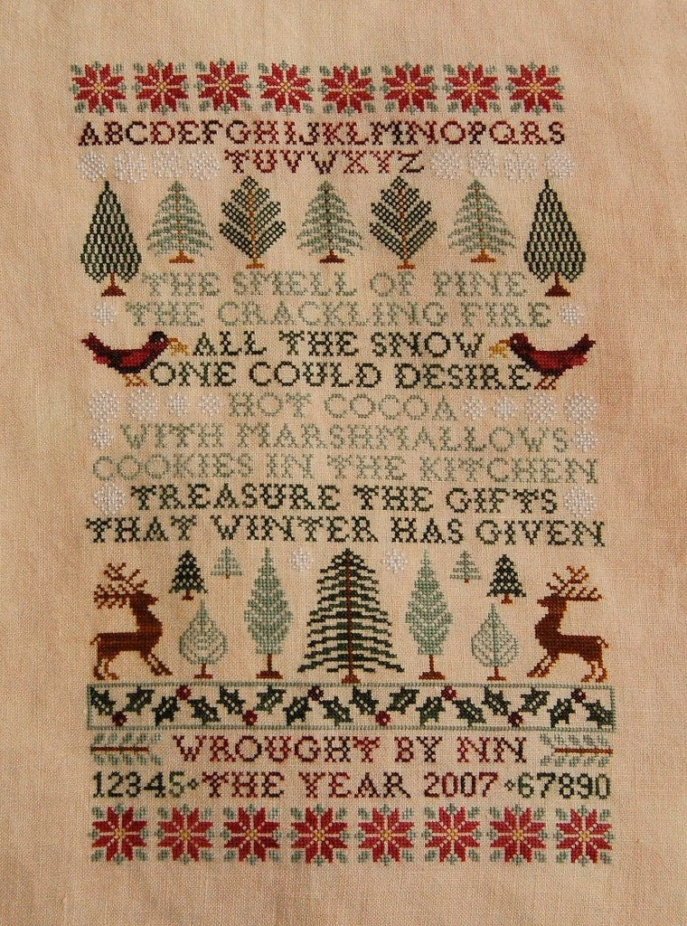 BLUE RIBBON DESIGNS "Poinsettias & Pines" Counted Cross Stitch Pattern, Chart, Christmas, Winter, Sampler, Pattern Only