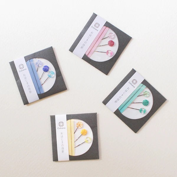 COHANA "OHAJIKI Sewing Pins", Set of 3, Handmade, Coin-Shaped Glass Beads Adorn These Needle-Sharp Pins,  Made in Japan