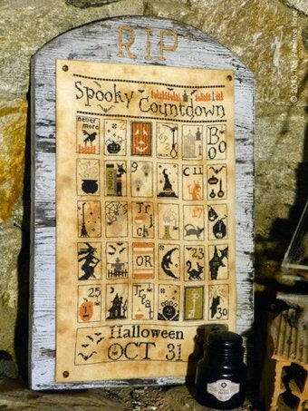 The PRIMITIVE HARE "Spooky Countdown" Counted Cross Stitch Pattern, 32 Different Designs, Chart, Halloween ~ Pattern Only