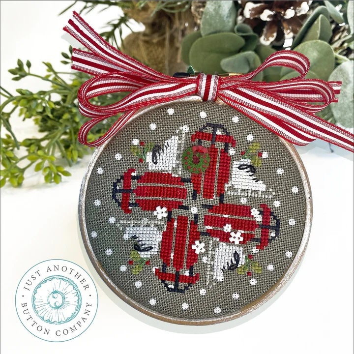 Just Another Button Company "Red Sleds" Counted Cross Stitch Pattern + Button Pack, Square-Ology, Christmas, Skates, Holidays, HOD