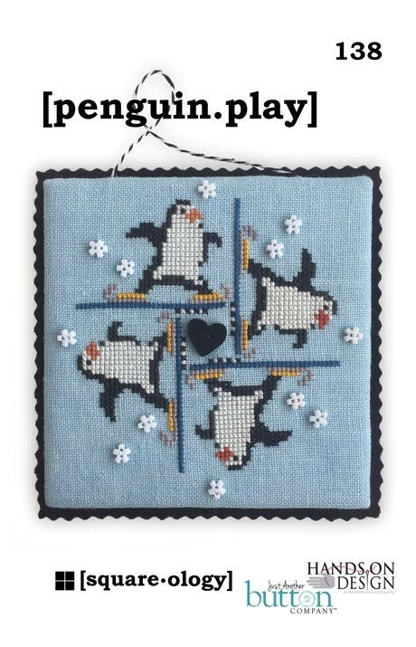 Just Another Button Company "Penguin Play" Counted Cross Stitch Pattern + Button Pack, Square-Ology, Christmas, Holidays