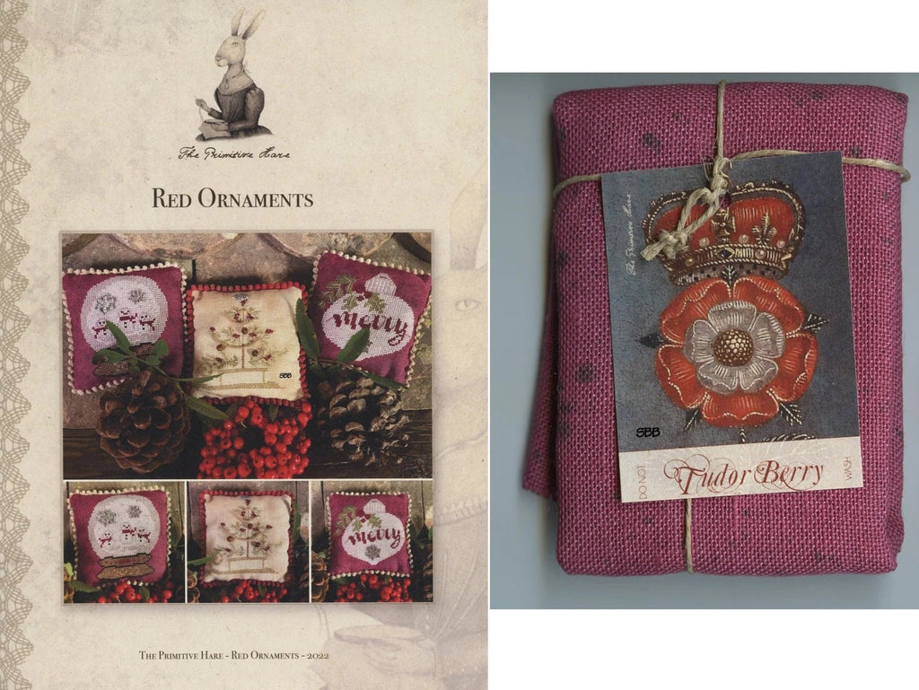 The PRIMITIVE HARE "Red Ornaments" Counted Cross Stitch Pattern, Chart, Winter, Holidays ~ Pattern Only