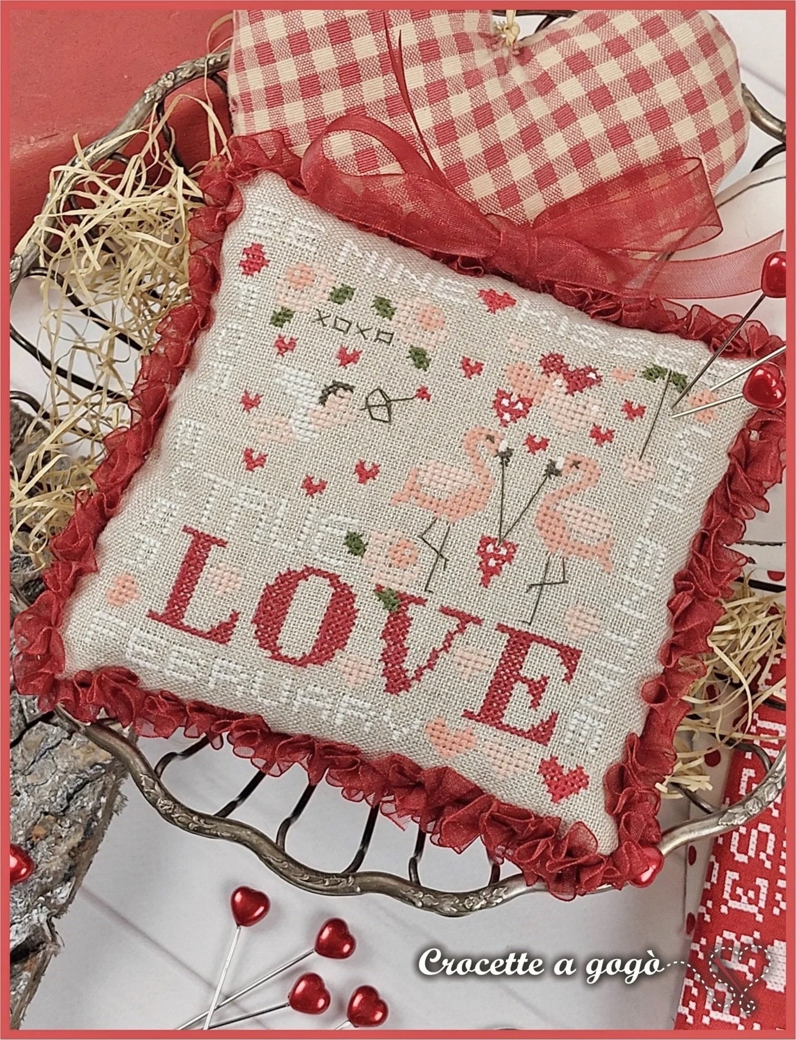 CROCETTE A GOGO "Love"  Counted Cross Stitch Pattern  Valentine, Hearts, Flamingos, Be Mine, Paper Pattern