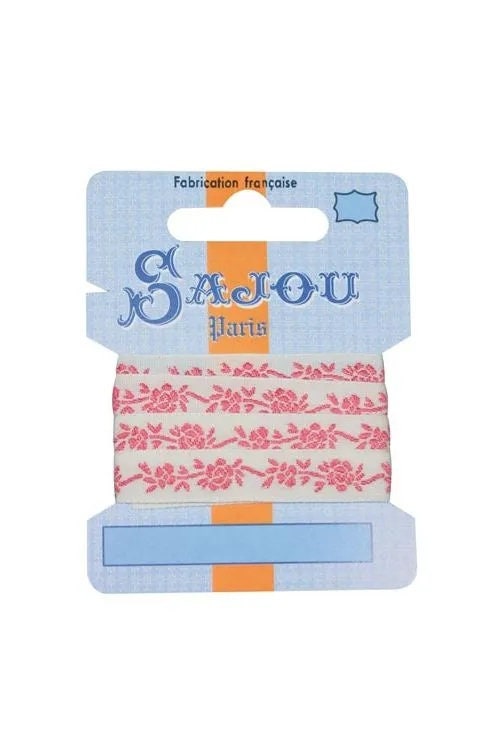 SAJOU CARD RIBBON Ecru/Pink Floral Motif ~ Made in France ~ 1 Metre ~ Cotton ~ Width 11mm
