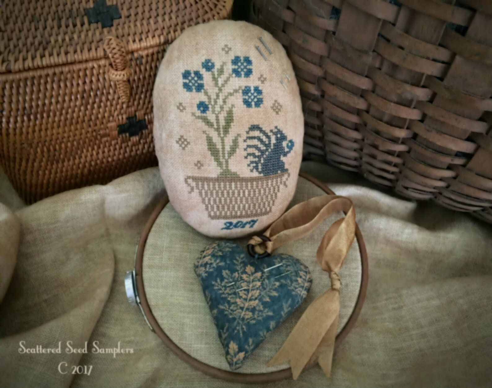 SCATTERED SEED SAMPLERS "Sweet Gatherings Pinkeep & Heart" Counted Cross Stitch Pattern, Pin Keep, Chart, Spring, Pattern Only