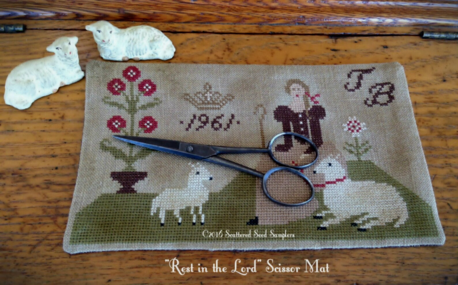 SCATTERED SEED SAMPLERS "Rest In The Lord - Scissor Mat" Counted Cross Stitch Pattern, Chart, Spring, Pattern Only