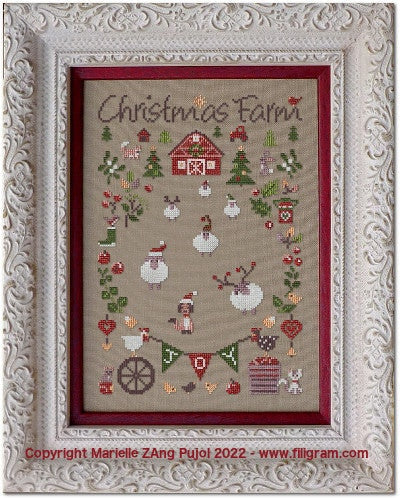FILIGRAM "Christmas Farm"  Counted Cross Stitch Pattern + Dinky-Dyes Silk Pack (8 Colors) Included  Chart, Pattern & Threads Only
