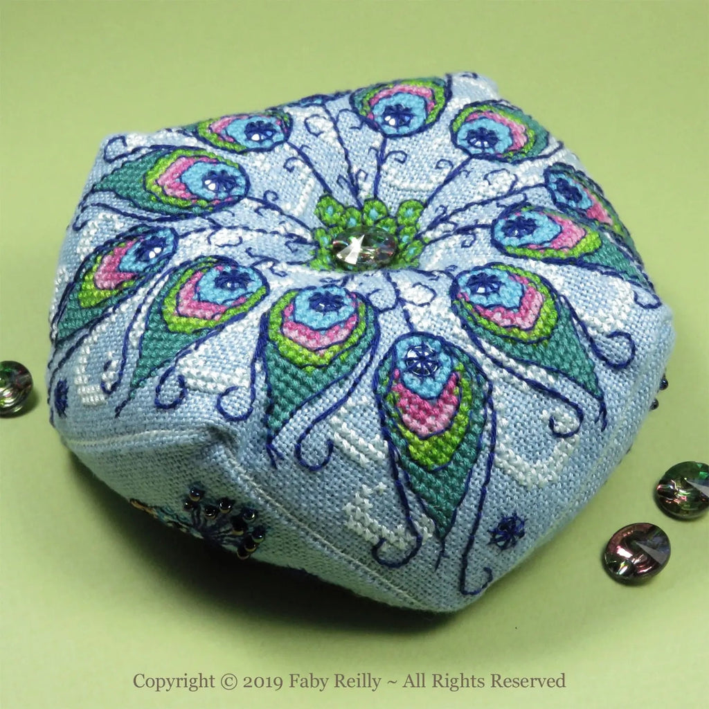 FABY REILLY DESIGNS "Peacock Biscornu"  Counted Cross Stitch Pattern  Chart, Pattern Only