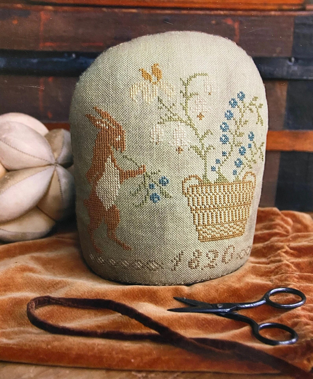 STACY NASH PRIMITIVES "Spring Hare Standing Pinkeep" counted cross stitch pattern, chart, Sampler, Pattern Only