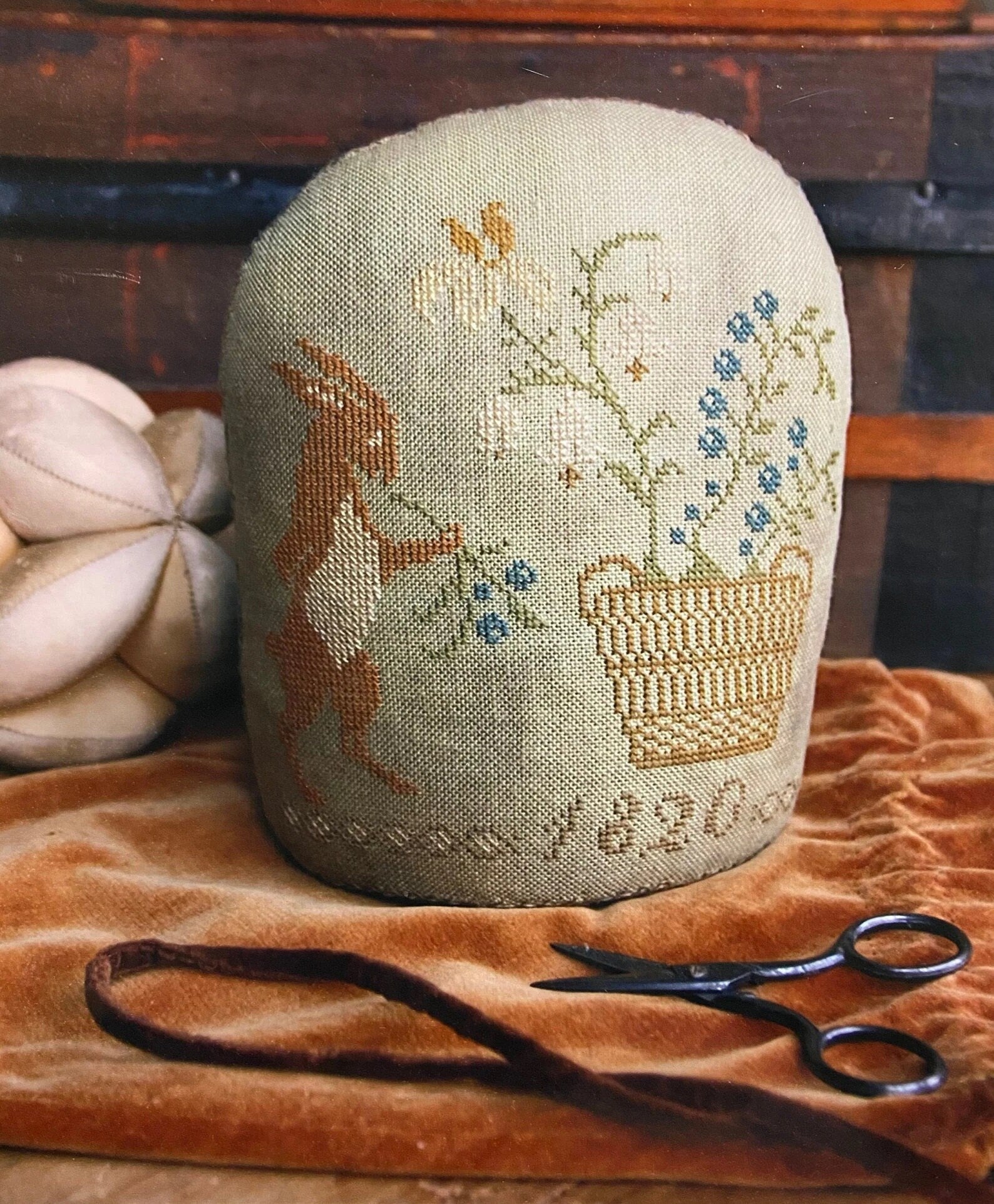 STACY NASH PRIMITIVES "Spring Hare Standing Pinkeep" counted cross stitch pattern, chart, Sampler, Pattern Only