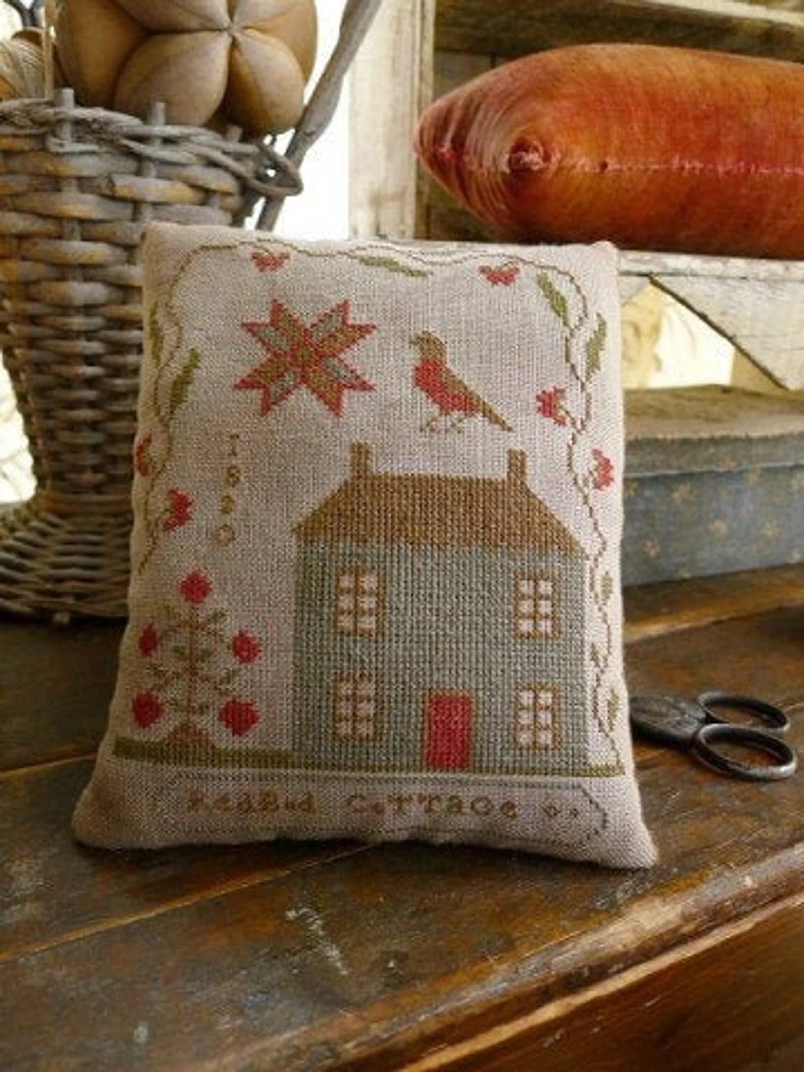STACY NASH PRIMITIVES "Redbud Cottage Pinkeep"  Counted Cross Stitch Pattern, Chart, Pattern Only