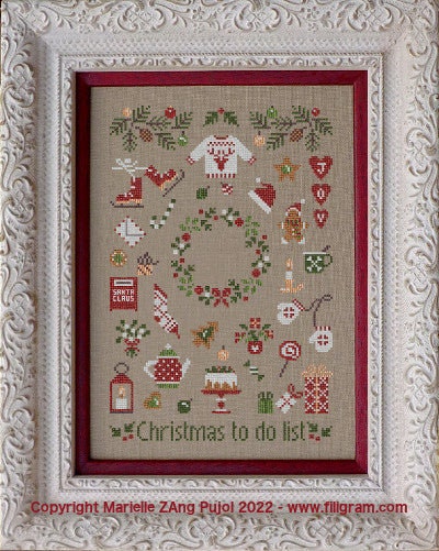 FILIGRAM "Christmas To Do List"  Counted Cross Stitch Pattern + Dinky-Dyes Silk Pack (8 Colors) Included  Chart, Pattern & Threads Only